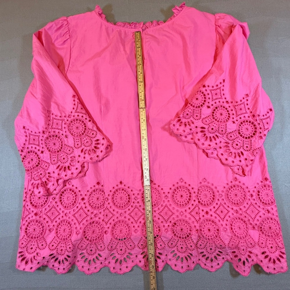 Talbots Plus Pink Eyelet Embroidered Cotton Top 2X Ruffle Neck 3/4 Sleeve 2448 - Picture 8 of 10